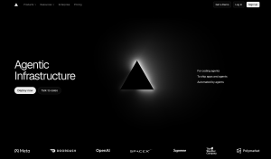 Screenshot of the Vercel homepage featuring a dark theme, a glowing triangular logo in the center, headline "Agentic Infrastructure", call-to-action buttons for "Deploy now" and "Talk to sales", and company logos at the bottom including Meta, DoorDash, OpenAI, SpaceX, Supreme, The Weather Company, and Polymarket.